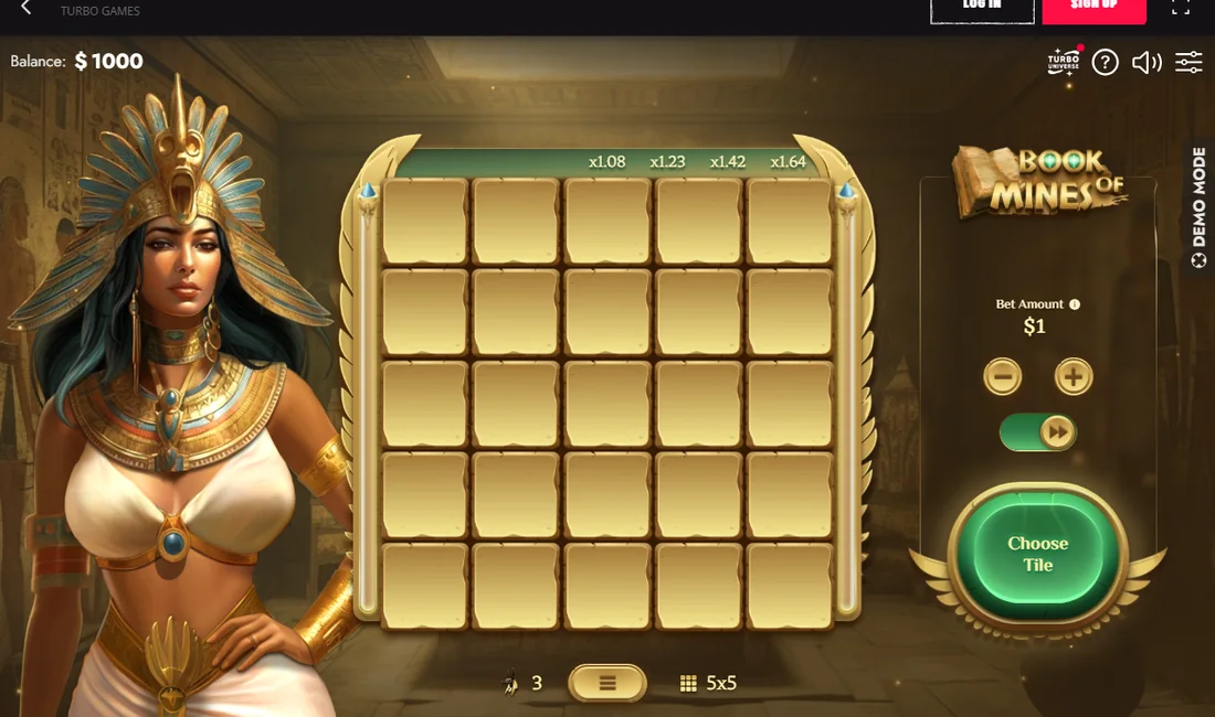 Book of Mines by Turbo Games: the same field in Egyptian dress, grid size switcher along the bottom