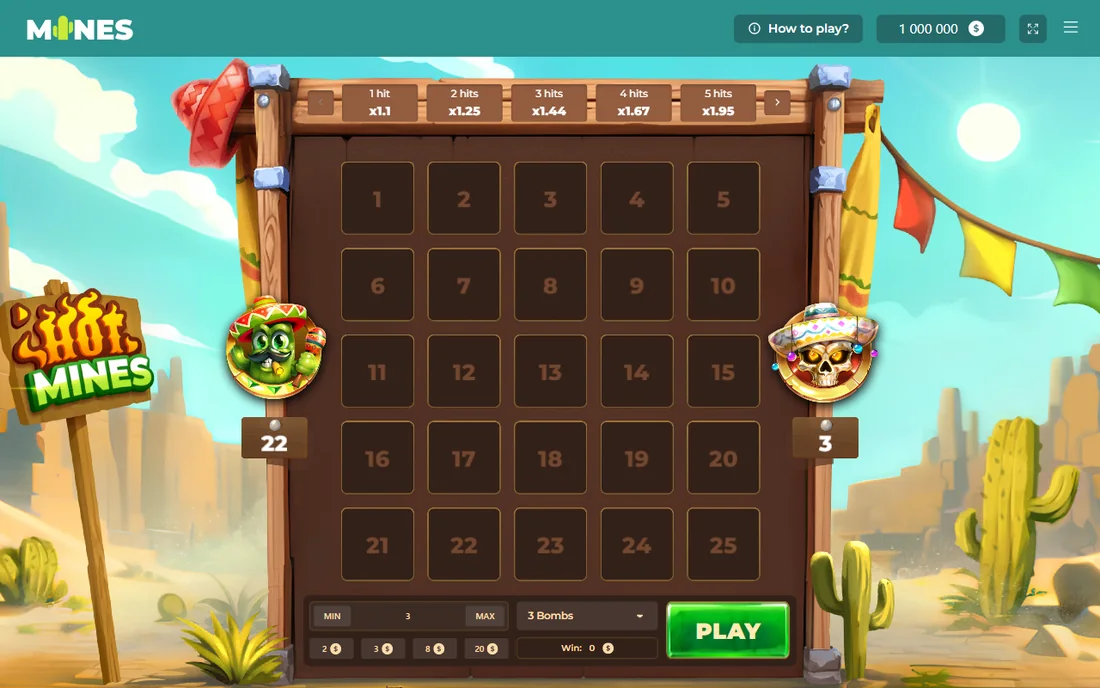 Hot-mines by InOut Games: the multiplier ladder for the first five clicks sits above the grid